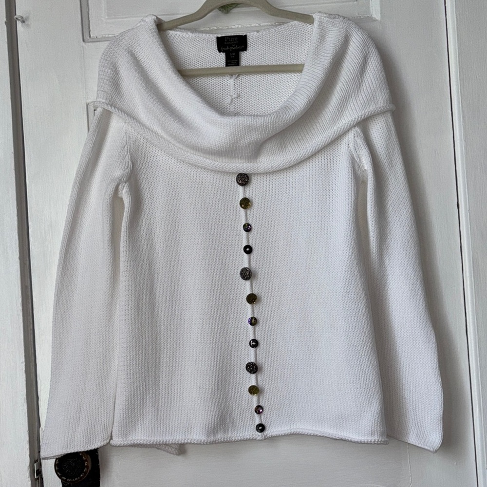 PURE HANDKNIT FOR FRESH PRODUCE COWL NECK SWEATER WITH DECORATIVE BUTTONS